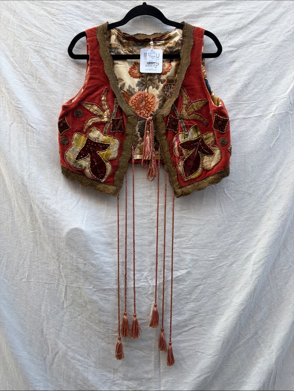 Bohemian Embroidered Rust Velvet Vest with Tassels